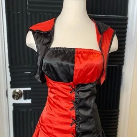 New Harley Quinn Corset Dress & Hood Costume (2 pc), Small - Picture 2 of 10